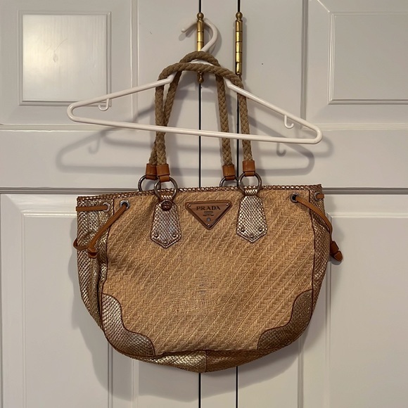 Prada Natural Woven and Metallic Snakeskin Trim Large Tote - Picture 2 of 16